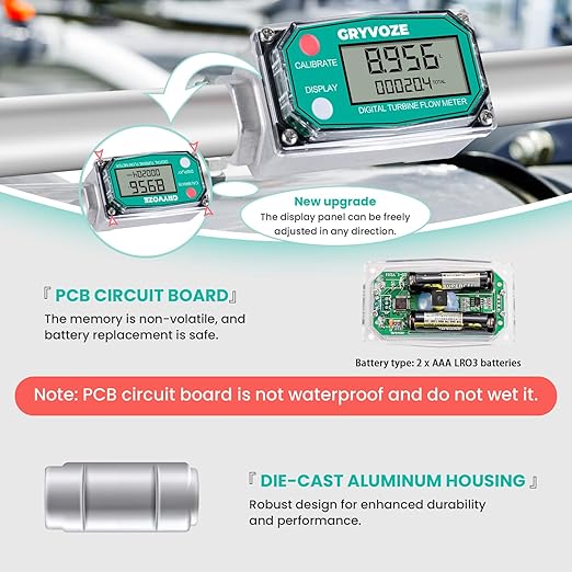 3/4 Inch Digital Turbine Fuel Flow Meter, 0.8-13.2 GPM Inline NPT Thread Flowmeter for Water, Diesel, Gas Oil, Gasoline, Kerosene, Methanol, and Other Liquids-Supports Gallon, QTS, PTS, L, m³