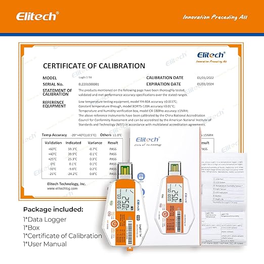 Elitech WHO PQS Certificated 50 Pack 120 Days Temperature Humidity Data Logger with Light Sensor Single-Use Cold Chain Monitor (CCM) Temperature Recorder with PDF Report 16000 Points LogEt1-TH