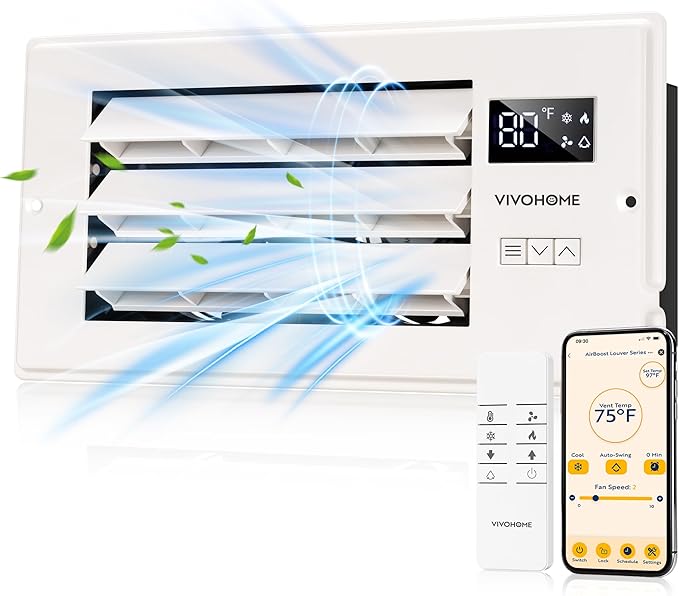 VIVOHOME Register Booster Fan - 4'' x 10'' Opening with Adjustable Louver - Smart Thermostat & 10-Speed WIFI App Control - AC Vent Fan for Floor, Ceiling, Wall - Quiet Operation (White)