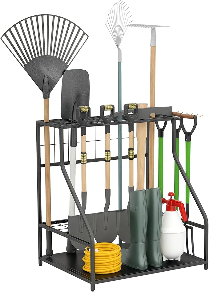 Outsunny Garden Tool Organizer for Garage, 3-Tier Yard Tool Storage Rack with Hooks for Long-Handled, Broom, Shovel, Rake, Metal Garden Tool Storage for Shed, Yard, Garage, Orange