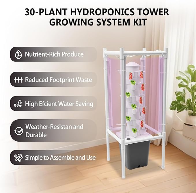 30-Plant Hydroponics Tower Garden Vertical Growing System Kit, Indoor Garden Planter Herb Garden with LED Grow Light and Water Pump, Vertical Planter Germination Kit for Herbs, Fruits and Vegetables