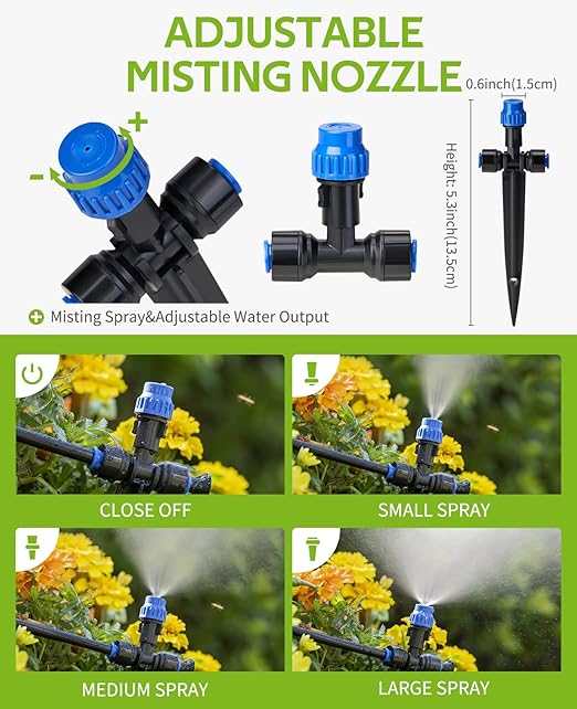 HIRALIY 59FT Greenhouse Misting Drip Irrigation Kit, Quick Connector Design, Irrigation System with 1/4" Tubing and Adjustable Nozzles for Hanging Plants, Garden Watering System for Raised Bed