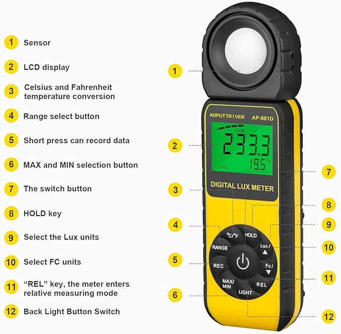Light Meters, AP-881D Lux Meter with Ambient Temperature（℃/℉）Measurer Light 0.01~400,000 Lux (0.01~40,000 FC), Luxmeter with 270º Rotated Sensor, Back Light, Data storag for Plants LED Indoor Lights