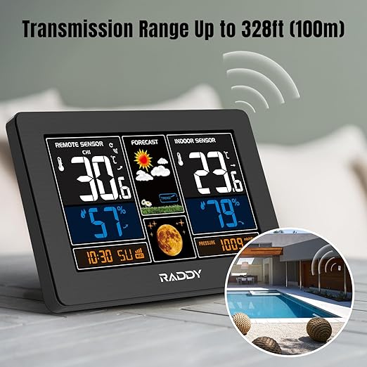 Raddy N75 Wi-Fi Weather Station with App Control, 7.5" Color Display Indoor Outdoor Thermometer, Accurate Weather Forecast, Network Time, Frost Alert, Adjustable Backlight for Home Use