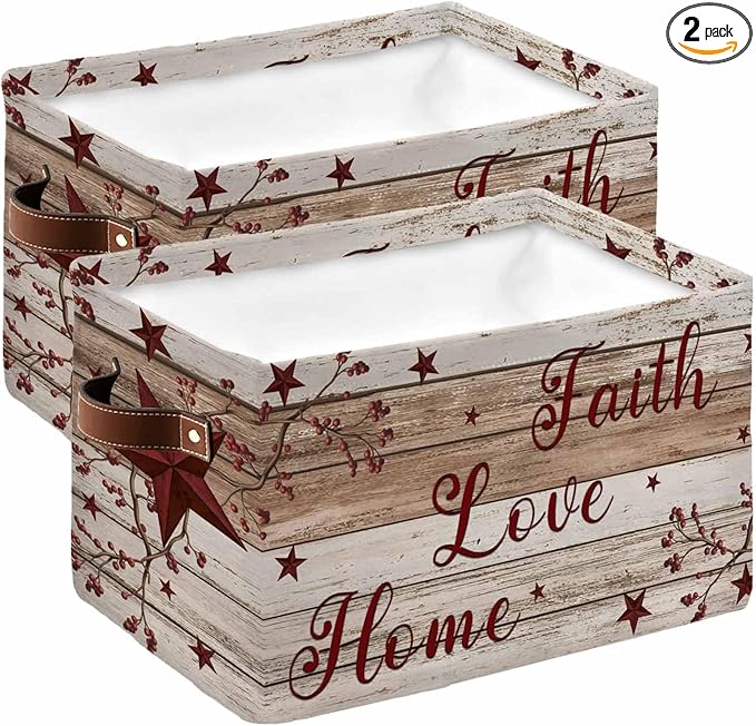 Vintage Farmhouse Storage Bins Cubes Waterproof Cloth Storage Basket,Brown Country Star Berries Wooden Grain Foldable Storage Bags for Shelf Clothes Storages Organizers with Handles 15x11x9.5 in 2PCS
