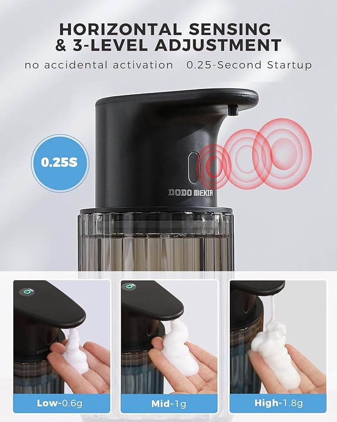 Automatic Foaming Soap Dispenser Touchless, 10oz/300ml Rechargeable, 3 Adjustable Foam Levels, IPX7 Waterproof for Kitchen Bathroom, Black
