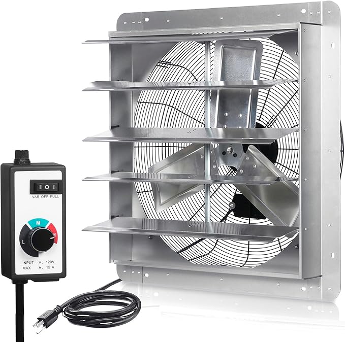 KEN BROWN 24 Inch Shutter Exhaust Fan with Speed Controller, 4200CFM High Speed, Wall Mounted Ventilation Fan for Garage, Attic, Greenhouse, Shed, Shop, Chicken Coop, Pre-Wired 1.65M Power Cord