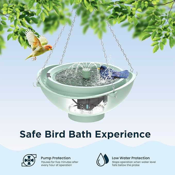 Rywell Solar Bird Bath with 3 Spray Modes, 2L Large Capacity Solar Fountain, Hanging/Standing Bird Bath with Filter & Auto Shut-Off, Quiet Pump for Garden Yard Outdoor