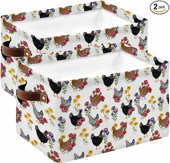 Farmhouse Rooster Storage Bins Cubes Waterproof Cloth Storage Basket,Country Watercolor Flowers Wood Grain Foldable Storage Bags for Shelf Clothes Storages Organizers with Handles 15x11x9.5 in 2PCS