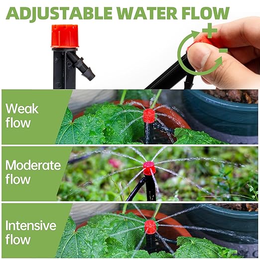 Riboud 60 Pack Drip Irrigation Emitters Sprays for 1/4 Drip Irrigation Tubing, Irrigation System for Garden (30 Pcs Emitters Vortex + 30 Pcs Emitters Stream)