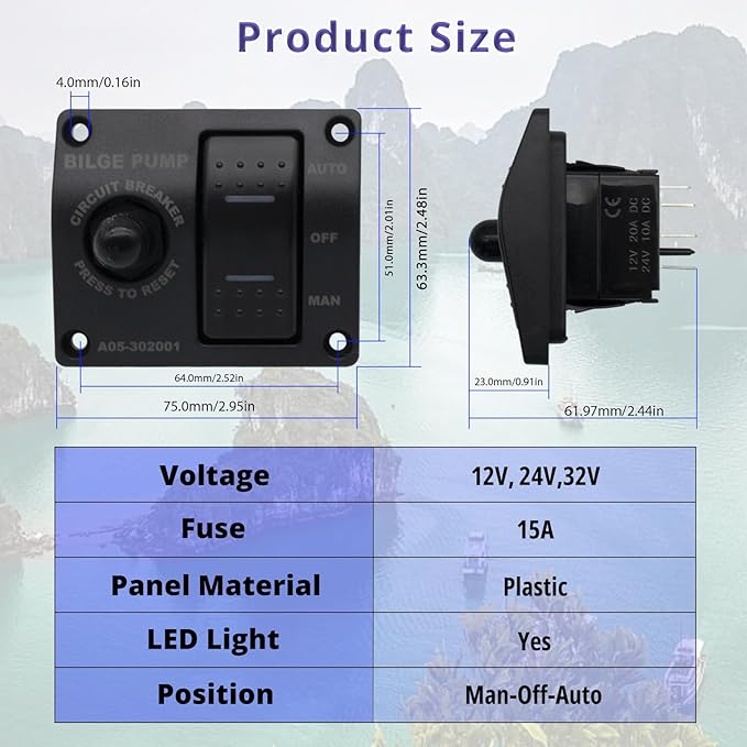 3-Way Bilge Pump Rocker Switch Panel 12V/24V, Automatic, Off, and Manual to Control Marine Switch Panel with Built-in 15A Circuit Breaker, LED Indicator, Waterproof