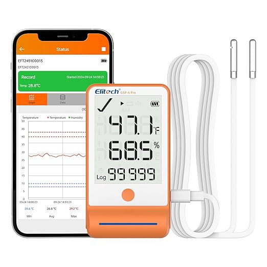 Elitech GSP-6 Bluetooth Data Logger Temperature Humidity for Refrigerator with Shadow Data 100000 Points Export PDF/CSV Report, Pharmacy Vaccine DDL Calibration Certificate, MAX MIN with Dual Probe