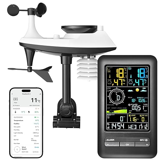 Wireless Weather Station Indoor Outdoor with WiFi Rain Sensor, Smart Weather Monitor with Temperature Humidity Monitoring, Remote App Control for Home Garden Patio