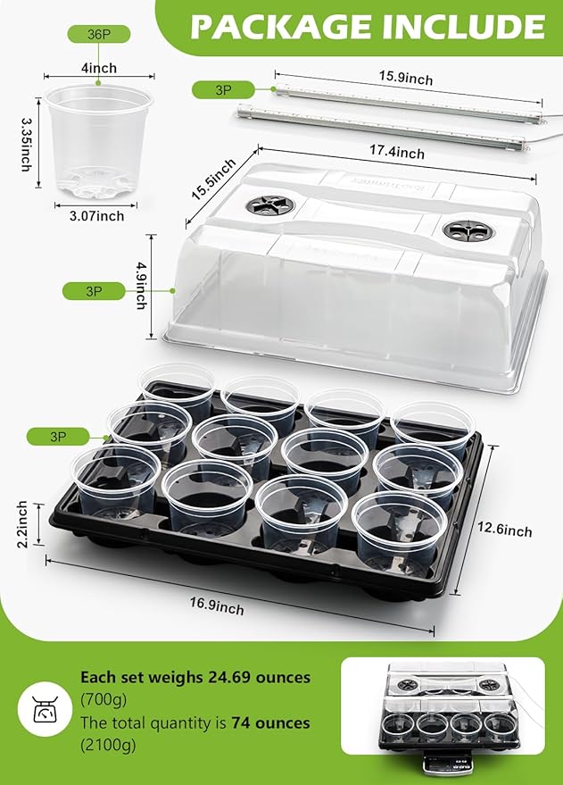 36 Pack 4 Inch Clear Plant Pots & 3 Pack 12 Cell Nursery Pot Trays with Humidity Dome and Growing Lights for Seed Starting, Germination, Seedling Propagation Plant Growing, Sturdy Gardening Kit 3 Sets