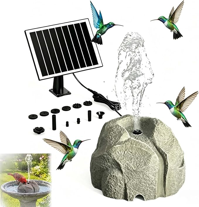 Realistic Granite Rock Solar Bird Bath Fountain - Solar Powered Bird Bath Fountain with Pump and 10 Nozzles, Outdoor Water Feature Resin Stone Look for Garden Pond Patio Yard Decor (White)