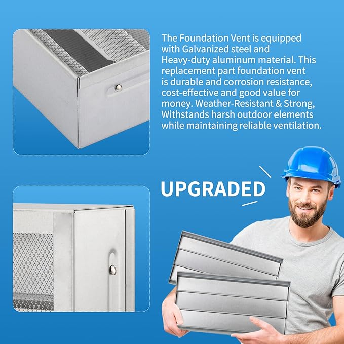 8" x 16" Manual Foundation Vent with Adjustable Louvers for Ventilating Crawl Space Replacement Air Vent for Block & Brick Construction, Aluminum, 73 sq. in. Net Free Vent Area, 10 Pack