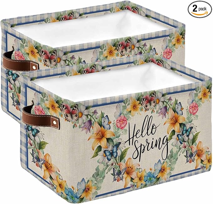Hello Spring Storage Bins Cubes Waterproof Cloth Storage Basket,Farmhouse Floral Eucalyptus Wood Plaid Burlap Foldable Storage Bags for Shelf Clothes Storages Organizers with Handles 15x11x9.5 in 2PCS