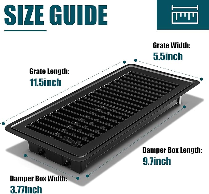 VOISEN Floor Register, 4" x 10" Floor Vents, Steel Adjustable Air Supply Grille Register Vent Cover Grill for Sidewall and Floor(Black)