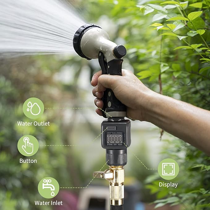 Moistenland Water Flow Meter, Standard 3/4" Hose Thread, High Accuracy and IPX6 Waterproof, Water Meter for Garden Hose/RVs