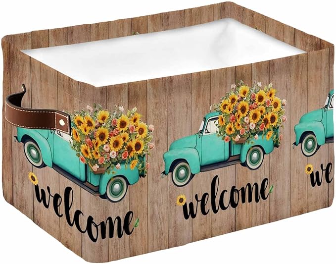 Country Sunflowers Storage Bins Cubes Waterproof Cloth Storage Basket, Welcome Rustic Truck Floral Farm Brown Foldable Storage Bags for Shelf Closet Clothes Organizers with Handles 15x11x9.5 in 1PCS