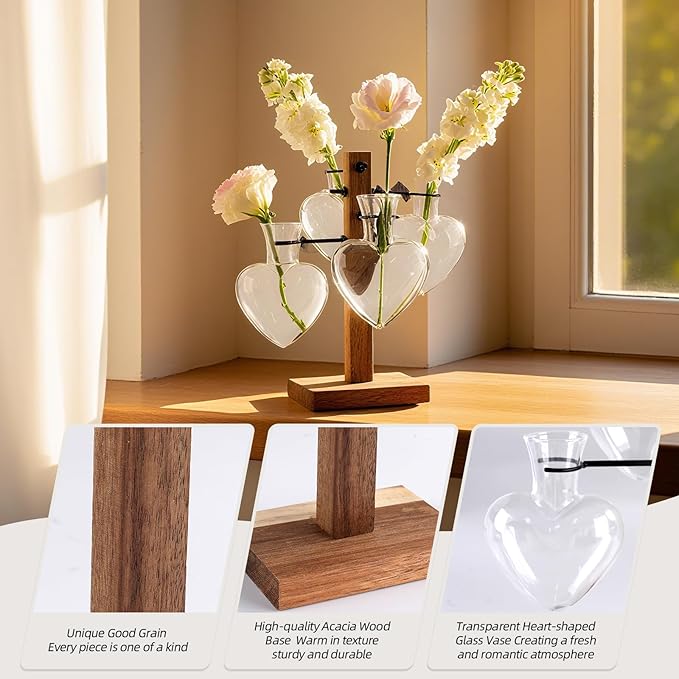 Plant Propagation Station with Acacia Wood Stand, 4 Heart-Shaped Propagation Vases for Plants, Unique Terrarium Kit for Office and Home Decor, Gifts for Plant Lovers