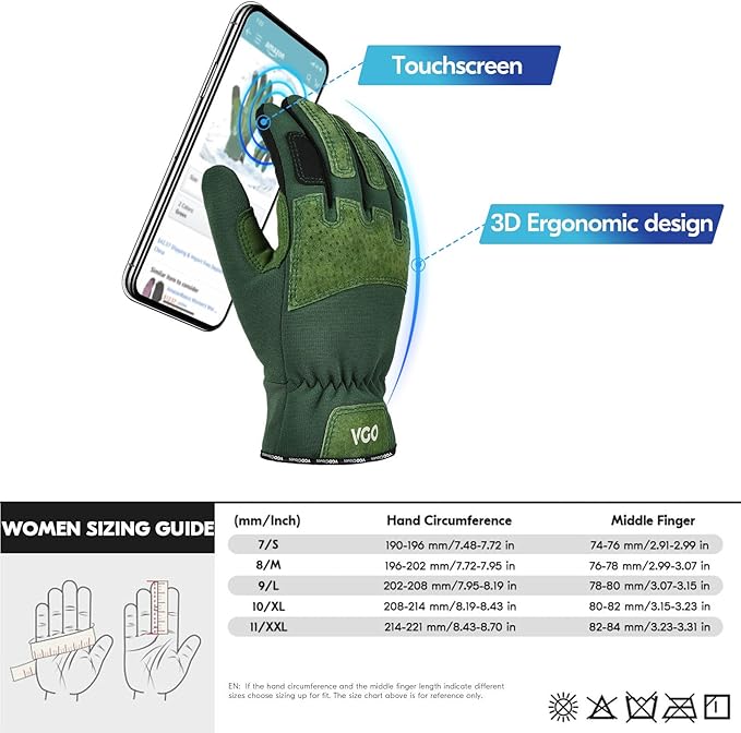 Vgo... Winter Gardening Gloves Women,Safety Work Gloves, Puncture-proof,Thornproof,Touchscreen(1 Pair,L,Green,SL7471FLWP)