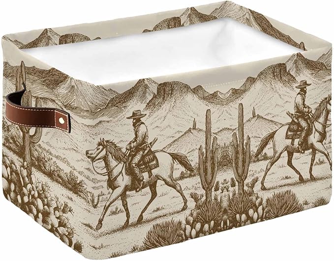 Beige Western Farmhouse Storage Bins Cubes Waterproof Cloth Storage Basket, Vintage Cowboys Cactus Foldable Storage Bags for Shelf Closet Clothes Storages Organizers with Handles 15x11x9.5 in 1PCS