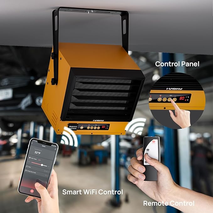 TURBRO 15,000W Electric Garage Heater, 240V Hard Wired, WiFi Enabled, Fan-Forced Shop Heater with Remote, Overheat Protection, Thermostat, 12-Hr Timer, Ceiling/Wall Mounted, ETL Listed, GH15K Smart