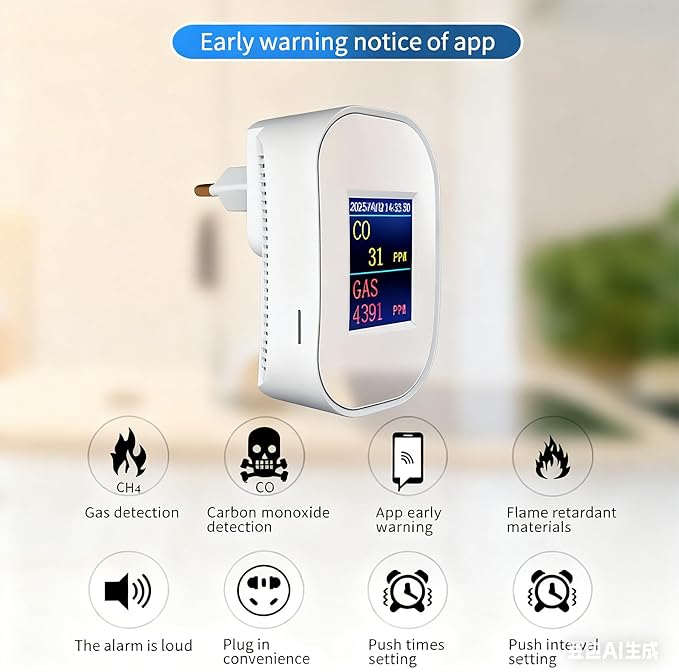 WiFi Smart Natural Gas& Carbon Monoxide Detector, 2 in 1，Plug-in, CO Gas Leak Alarm for Natural Gas, LPG, Methane, Propane & Butane, App Monitoring & LED Display