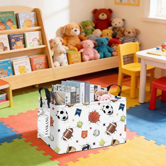 FANKANG Storage Bins,Nursery Hamper Canvas Laundry Basket Foldable with Waterproof PE Coating Storage Baskets for Boys and Girls, Office, Bedroom, Clothes,Toys(Rec-3D Sports Balls ）