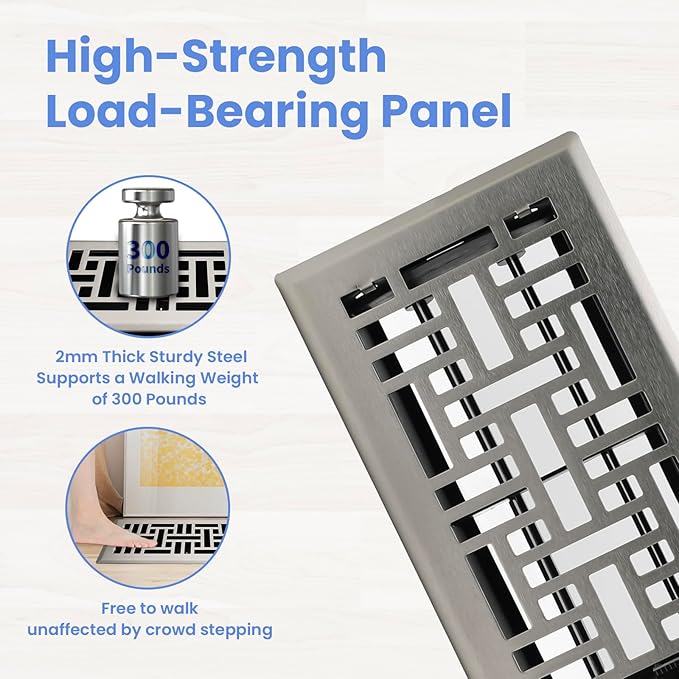 Howeall 4x8 Inches Heavy Duty Walkable Floor Register Easy Adjust Air Supply Lever Floor Vents - Seattle Design - Vent Cover for Home Floor - Satin Nickel