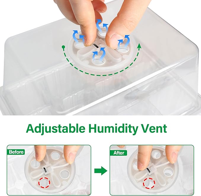 Bonviee 5 Packs Seed Starter Tray with Grow Light, Elevated Seedling Starter Trays Kits with Adjustable Humidity Domes and Clear Cell Tray, 12 Full Spectrum led lamp Beads for Plants Indoor-Clear