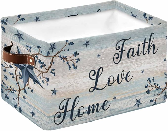 Vintage Farmhouse Storage Bins Cubes Waterproof Cloth Storage Basket,Blue Country Texas Star Vines Wooden Foldable Storage Bags for Shelf Clothes Storages Organizers with Handles 15x11x9.5 in 1PCS