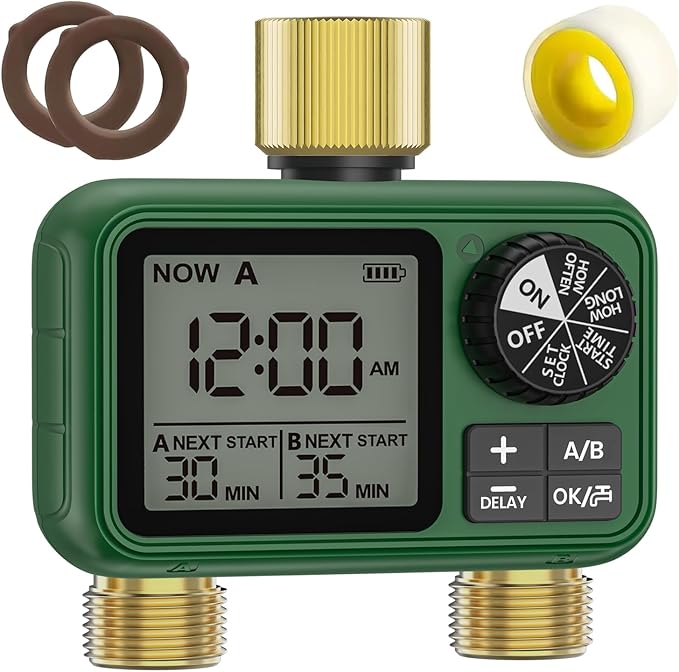 2 Zones Brass Inlet & Outlet Water Timer for Outdoor Garden Hose, Sprinkler Timer for Garden Faucet with Auto/Manual/Rain Delay Mode, Sprinkler Irrigation Controller for Yard Lawn