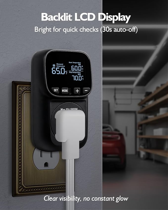 Temperature Controlled Outlet, Heavy Duty 15A 1800W Heating Cooling Thermostat Plug Outlet, -40℉~210℉ LCD Display Plug in Thermostat for Heater Greenhouse Incubator Homebrew Heat Lamp