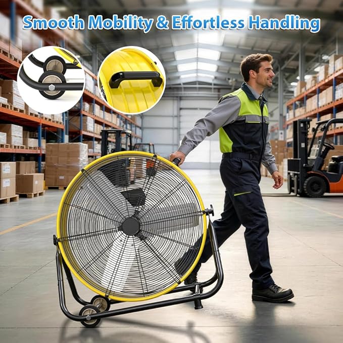 LifePlus 30" Industrial Drum Fan, 14000 CFM High Velocity 3-Speed Heavy Duty Metal Air Circulator with 360° Tilt, Casters Handle for Warehouse Factory workshops Patios Garage, Yellow