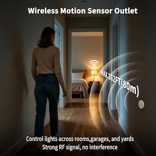 NineLeaf Motion Sensor Outlet, Wireless Motion Activated Plug with Timer & Light Sensor, 262 ft Range, 15A/1500W, Auto On/Off for Lights, Bathroom Fan, Garage, Hallway(1Sensor 4Plugs)