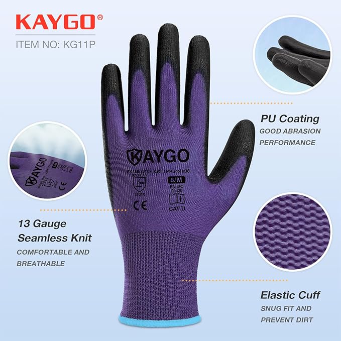 KAYGO Work Gloves for Men and Women,12 Pairs Seamless Knit PU Coated Safety Gloves, with Smooth Grip on Palm and Fingers, Ideal for Light Warehouse, Manufacturing, Gardening, KG11P (M, Purple)