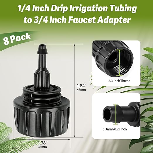 8 Pack 3/4" Garden Hose To 1/4" Irrigation Tubing Adapter, 1/4 Inch Drip Irrigation Tubing To Faucet Garden Hose Adapter 3/4 Inch FHT To 1/4 Inch Supply Line Adapter Fittings