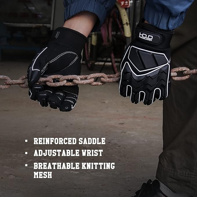 HANDLANDY HLDD Heavy Duty Work Gloves, TPR Protector Impact Gloves, Men Anti Vibration Mechanic Work Glove TouchScreen