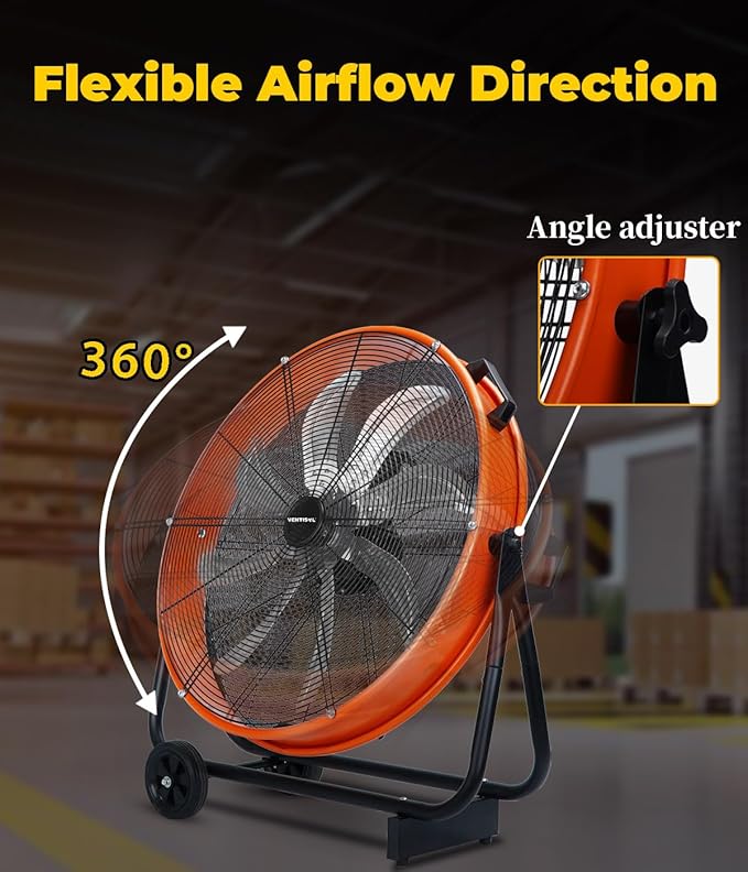 VENTISOL 24 Inch Industrial Floor Fan, 3-Speed High Velocity Shop Fan with 8 Blades, Heavy Duty Drum Fan 9500 CFM, Large Metal Garage Fans for Warehouse, Outdoor, Commercial