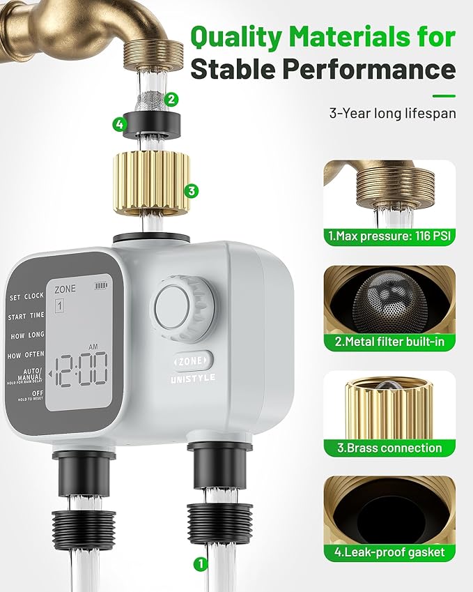 [All-New 2027] Heavy Duty Sprinkler Timer 2 Zone with Brass Inlet, Unistyle Water Timer for Garden Hose with Rain Delay and Manual Water/Automatic Irrigation, Hose Timers Yard Lawn Patio