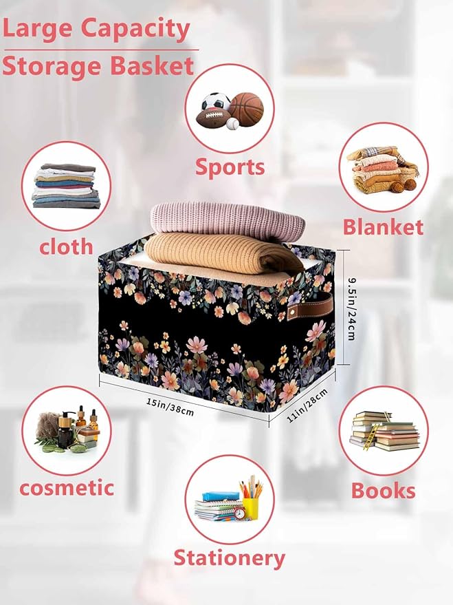 Black Spring Floral Storage Bins Cubes Waterproof Cloth Storage Basket,Elegant Flowers Farmhouse Botanical Foldable Storage Bags for Shelf Clothes Storages Organizers with Handles 15x11x9.5 in 1PCS