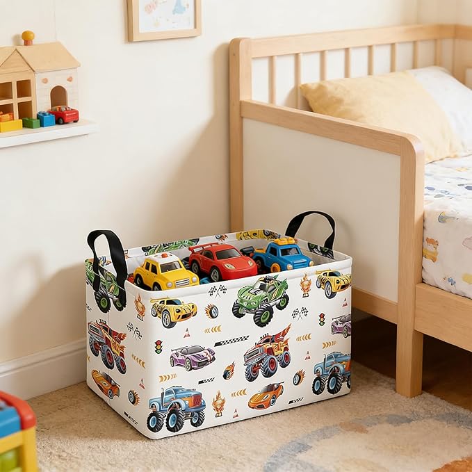 FANKANG Rectangular Monster Truck Basket Storage Bins,Nursery Hamper Canvas Laundry Basket Foldable with Waterproof PE Coating for Kids, Office, Bedroom, Clothes,Toys(Rec-Monster Truck