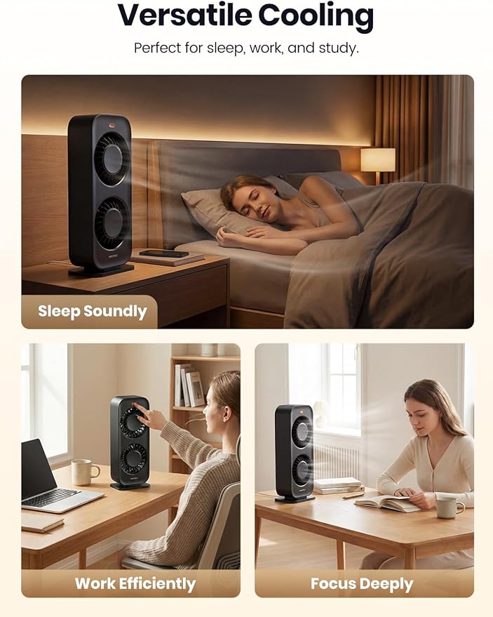 Warmco Desktop Tower Fan for Bedroom, Dual Motor 6m/s High Velocity Desk Fan with 4 Speeds, Quiet Cooling Fan (45dB) for Home Office Dorm, Portable Personal Table Fan with Detachable Grille - Black