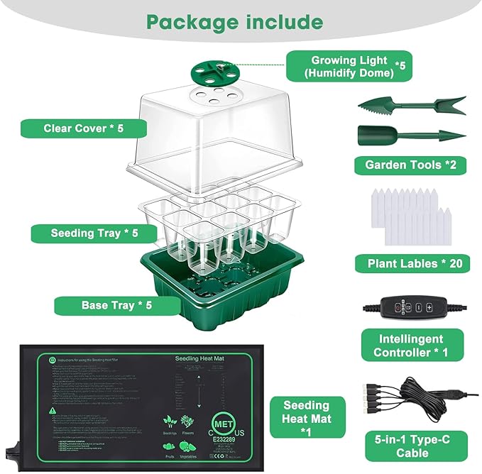 FINEST+ Seed Starter Tray with Heat Mat and Grow Light,5 Pack Seedling Starter Trays with Time Controller,Seedling Starter Tray with Adjustable Brightness,Seed Starting Kit with Adjustable Humidity