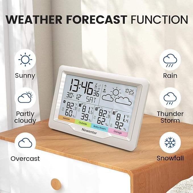 Newentor Weather Stations Wireless Indoor Outdoor Multiple Sensors, Indoor Outdoor Thermometer with Atomic Weather Clock Battery Powered, Temperature Humidity Monitor and Barometer for Home, White