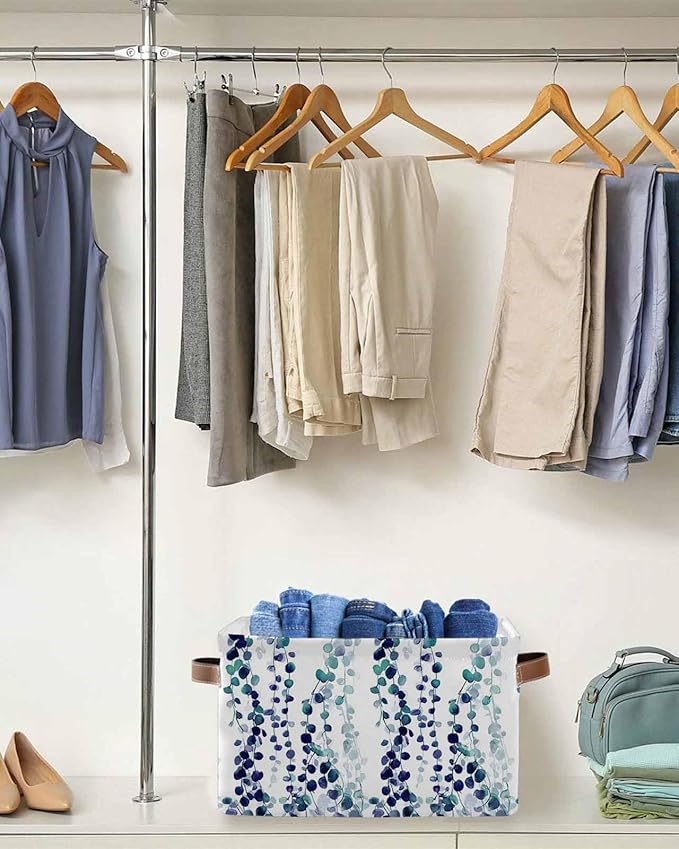Blue Weeping Eucalyptus Storage Bins Cubes Waterproof Cloth Storage Basket,Spring Summer Farmhouse Leaves Foldable Storage Bags for Shelf Clothes Storages Organizers with Handles 15x11x9.5 in 2PCS