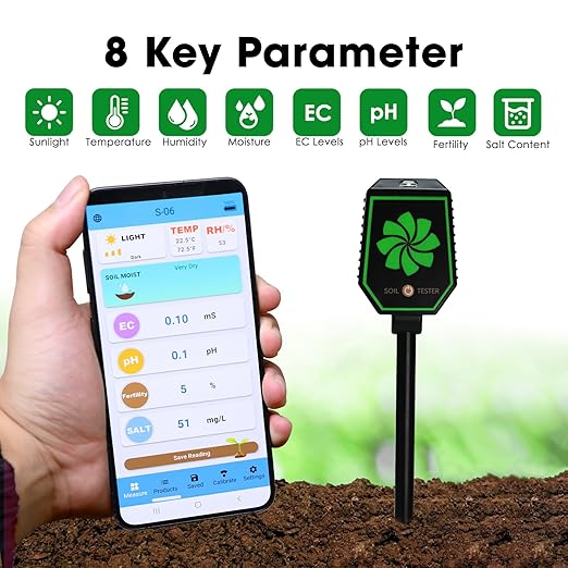 8-in-1 Soil Moisture Meter Digital pH EC Salt Fertility Moisture Temperature Sunlight Air Humidity Soil Tester, Bluetooth Soil pH Tester Soil Test Meter with App Monitor for Garden Nutrients