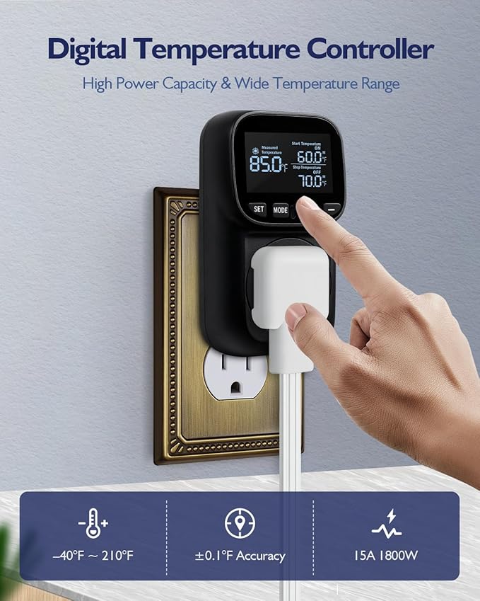 Temperature Controlled Outlet, Heavy Duty 15A 1800W Heating Cooling Thermostat Plug Outlet, -40℉~210℉ LCD Display Plug in Thermostat for Heater Greenhouse Incubator Homebrew Heat Lamp